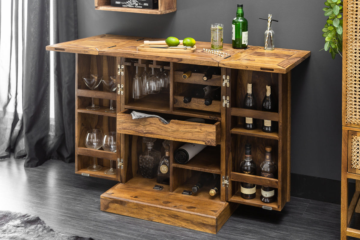 MOSAICO Handcrafted bar cabinet 130cm Sheesham wood stone finish 3D effect