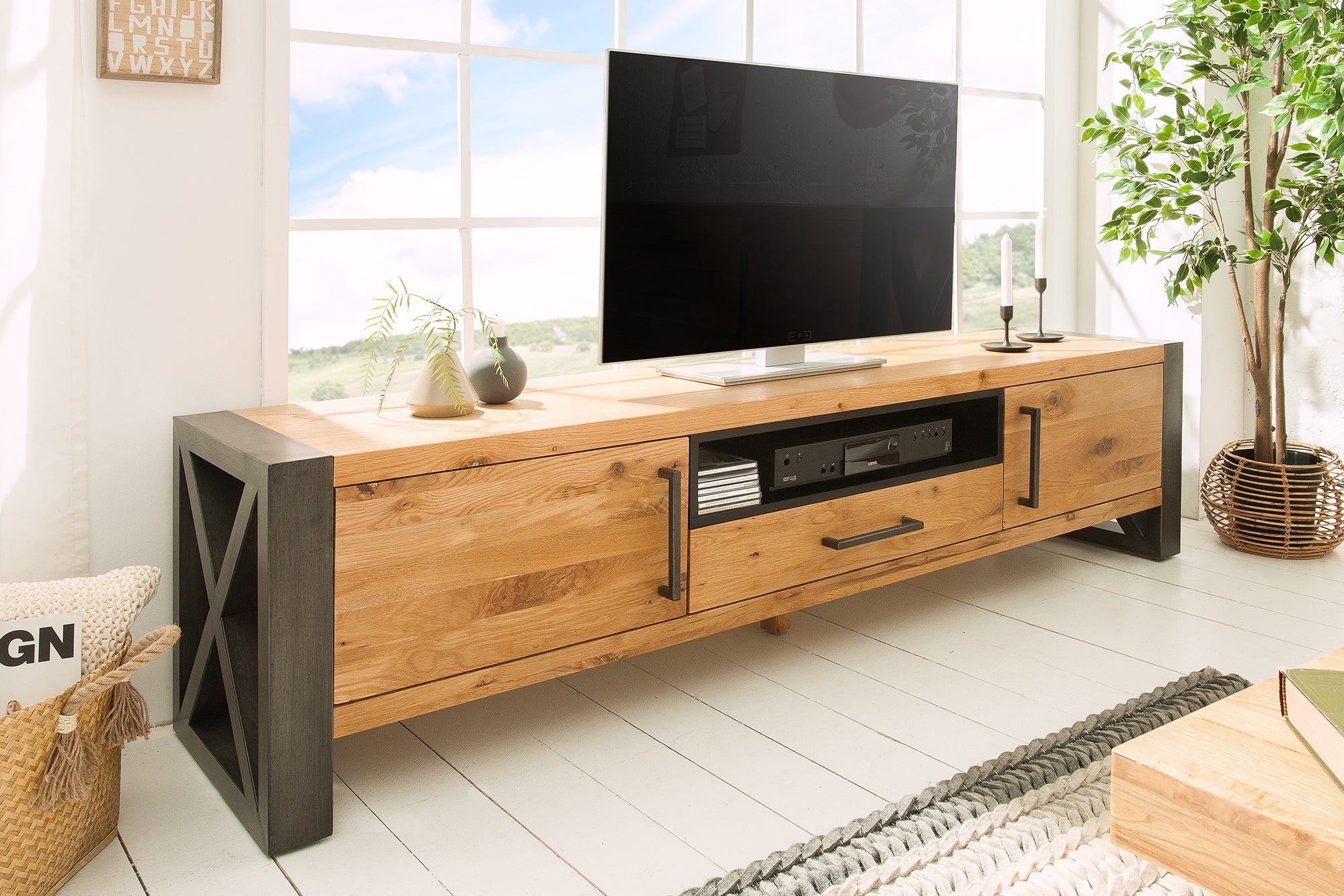 THOR Solid TV board 200cm wild oak oiled lowboard in industrial
