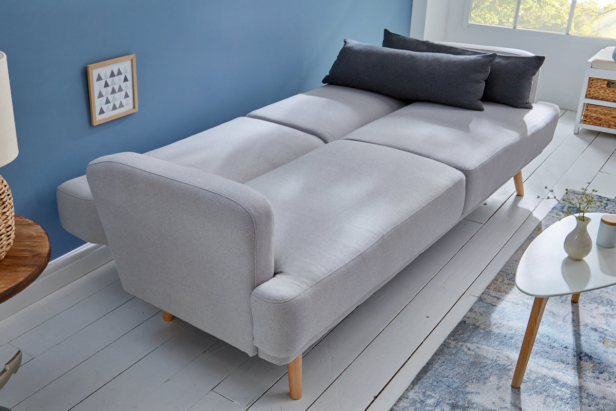 Modernes Schlafsofa STUDIO 200cm grau Flachgewebe 3-Sitzer mit Schlaffunktion Holzfüße