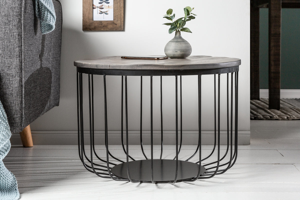 Runder Couchtisch FACTORY LOFT 60cm Mangoholz schwarzes Metallgestell handmade massiv