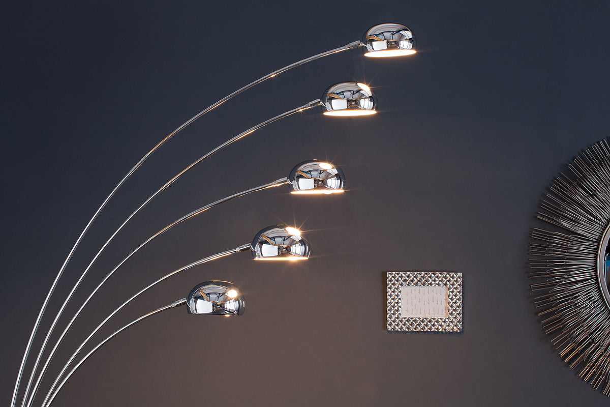 FIVE LIGHTS Design Bogenlampe 205cm chrom Stehlampe mit schwarzem Marmorfuß