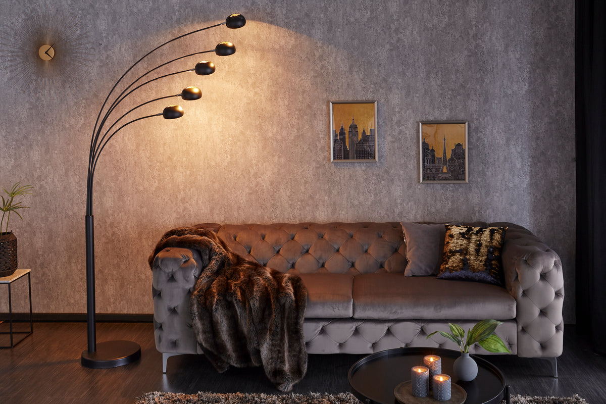 FIVE LIGHTS Design Bogenlampe 205cm chrom Stehlampe mit schwarzem Marmorfuß