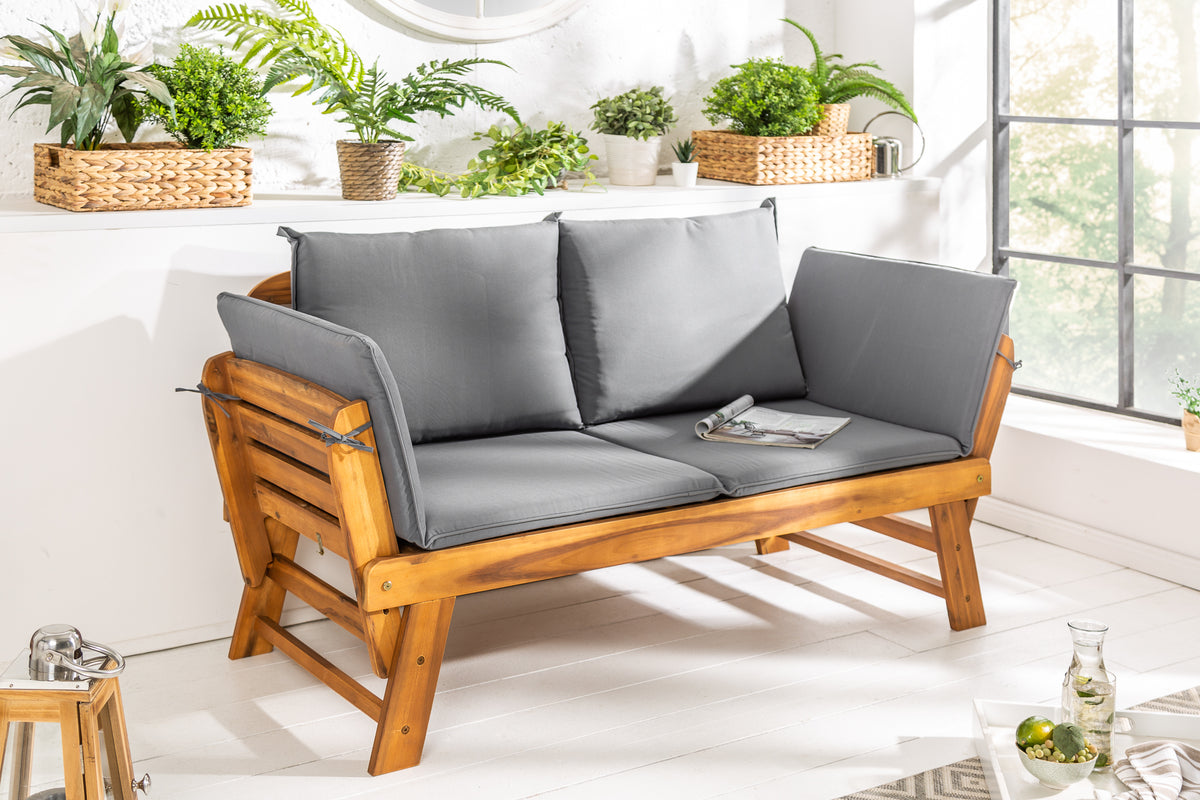 Massivholz Sitzbank MODULAR 155-190cm Akazie inkl. Kissen Gartenbank klappbar