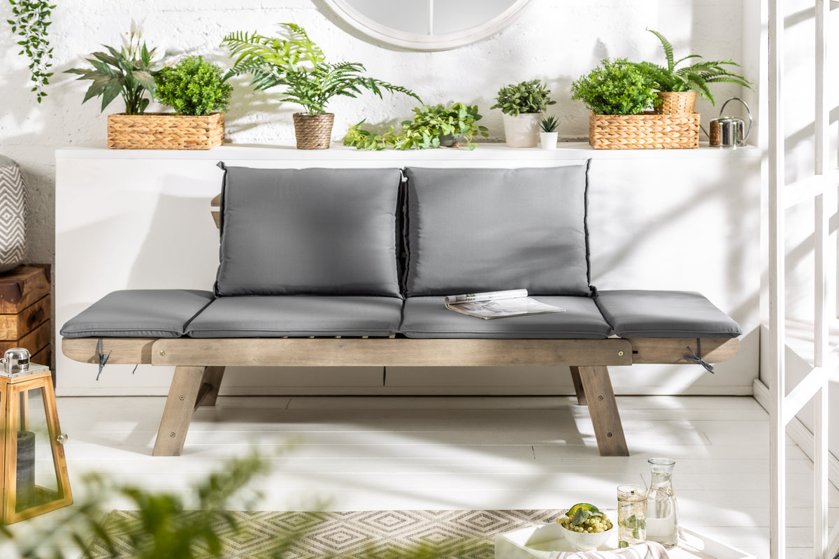 Massivholz Sitzbank MODULAR 155-190cm Akazie inkl. Kissen Gartenbank klappbar