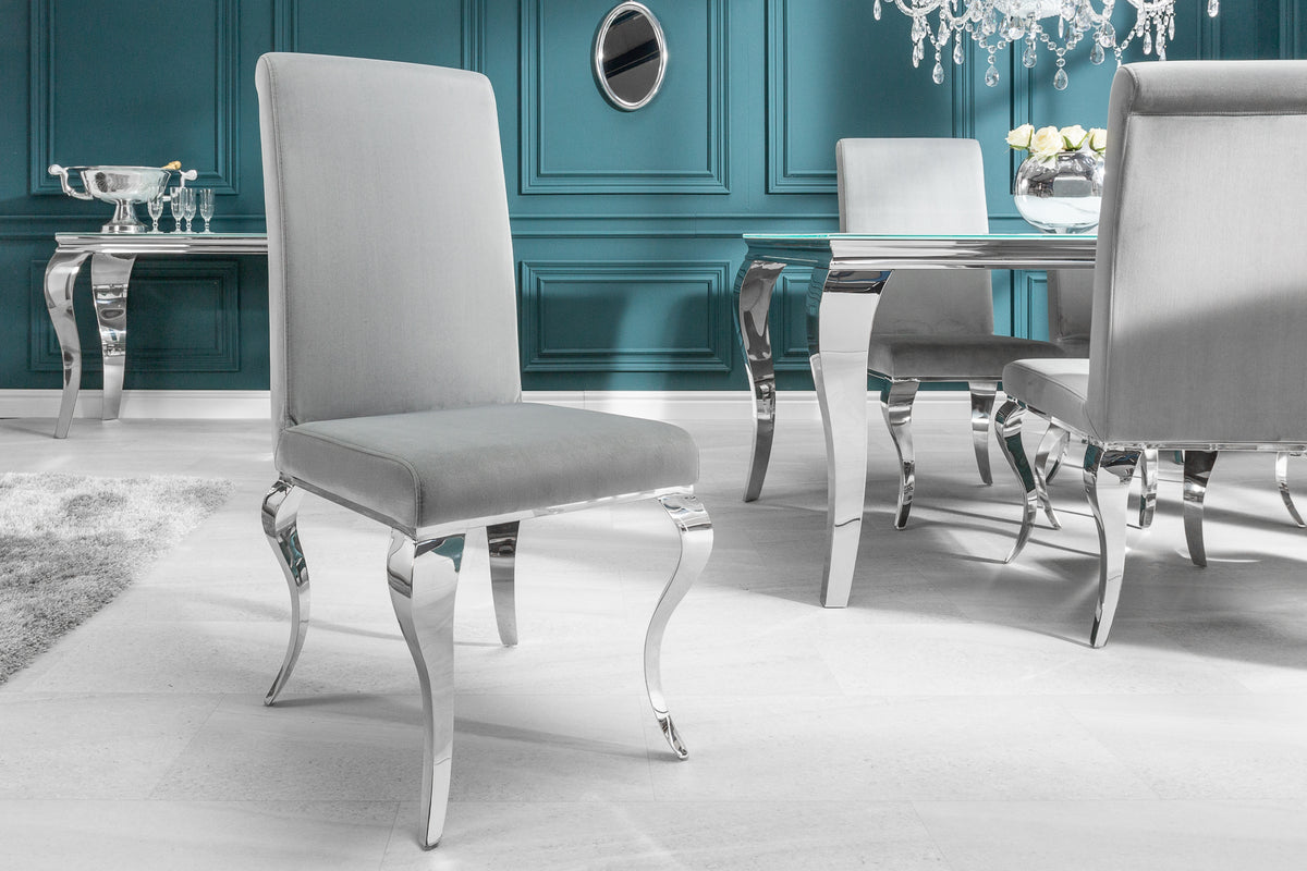 Eleganter Stuhl MODERN BAROCK edel-grau Samt Stuhlbeine aus Edelstahl