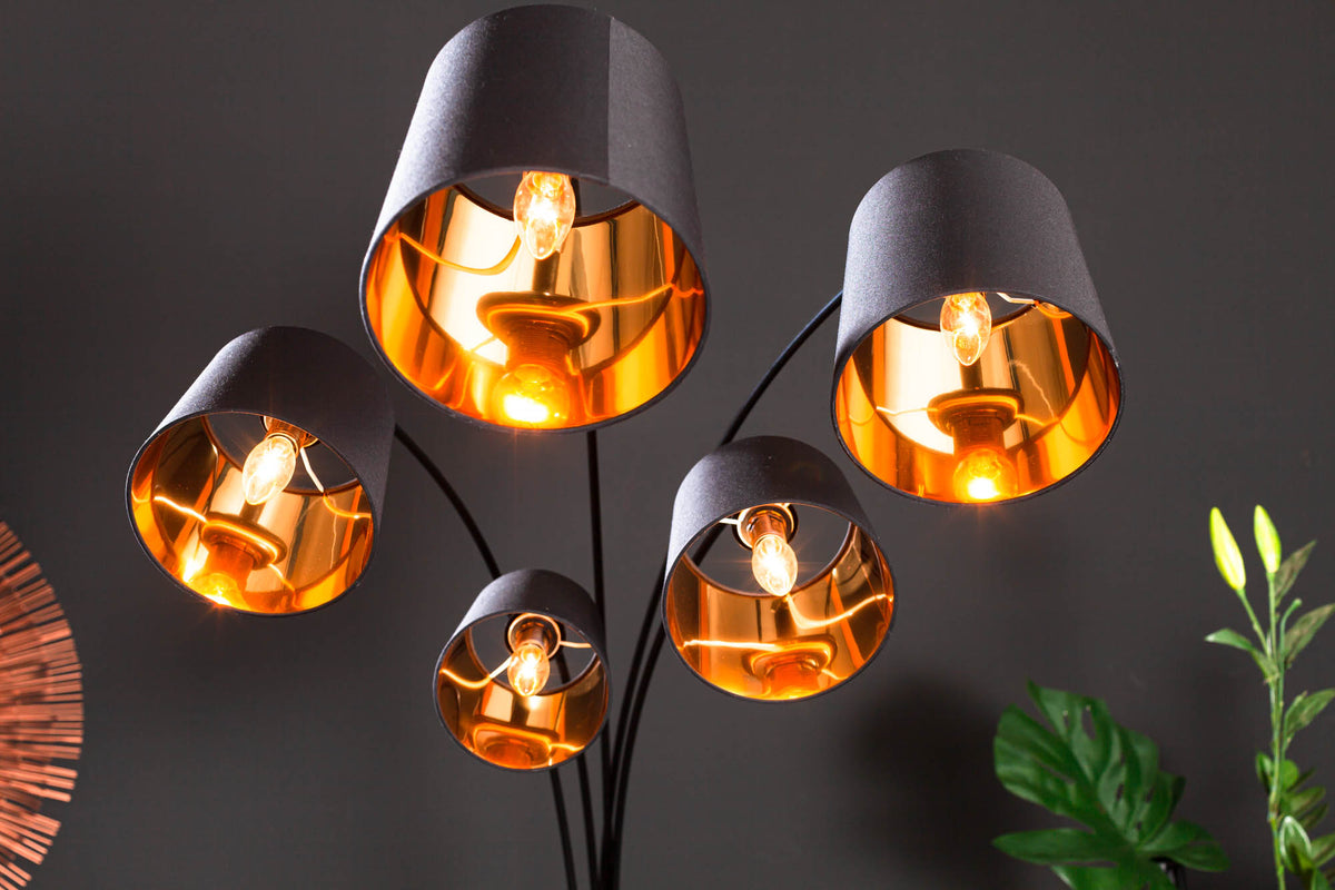 LEVELS Design Bogenlampe 205cm schwarz gold 5 neigbare Leinenschirme Stehlampe