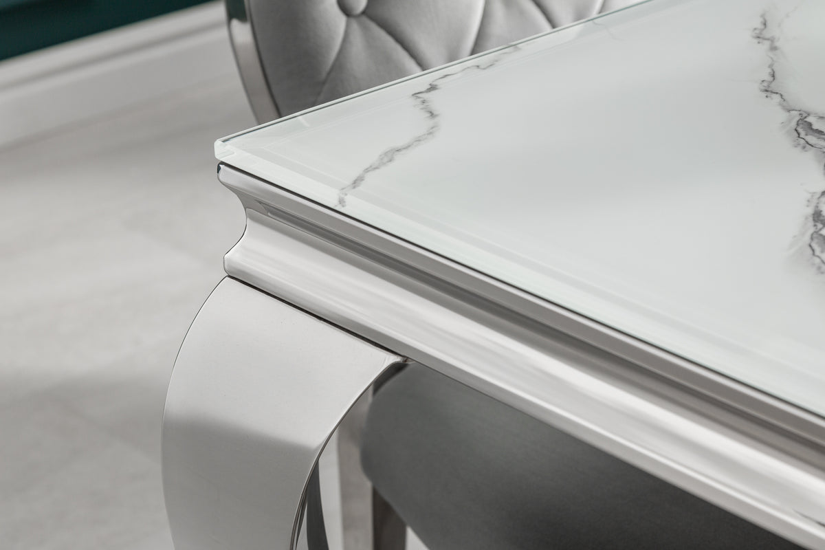 MODERN BAROCK Eleganter Esstisch 200cm Glasplatte in Marmoroptik Edelstahlbeine