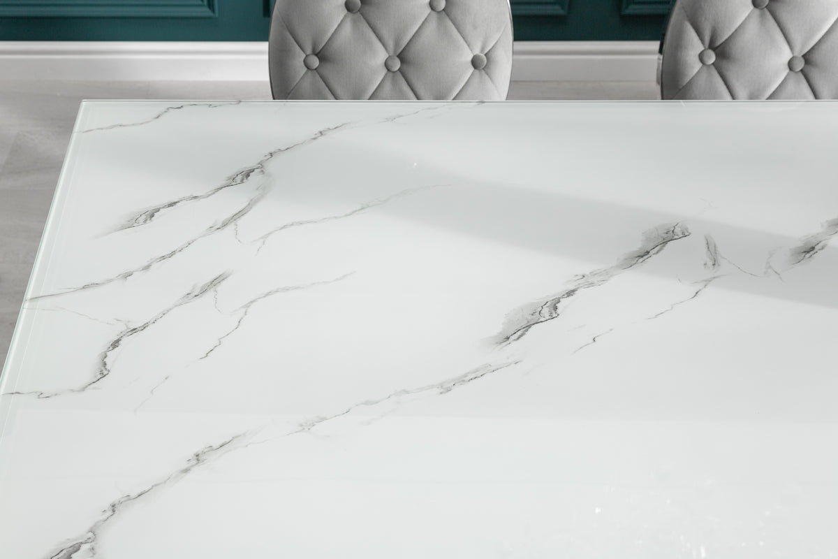 MODERN BAROCK Eleganter Esstisch 200cm Glasplatte in Marmoroptik Edelstahlbeine