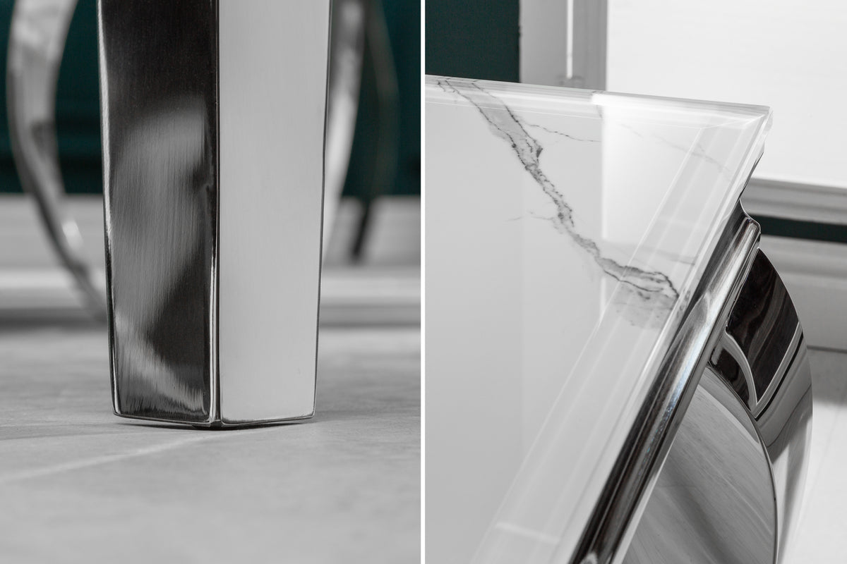 MODERN BAROCK Eleganter Esstisch 200cm Glasplatte in Marmoroptik Edelstahlbeine
