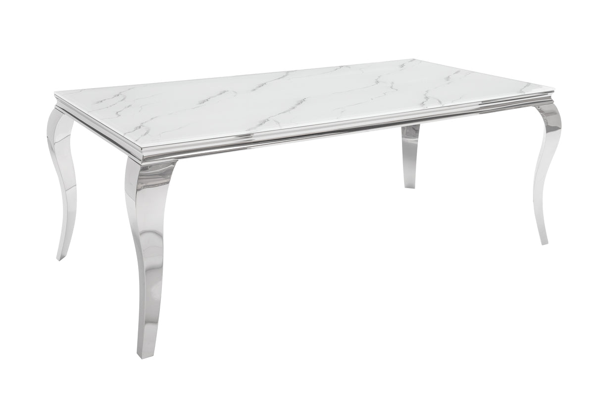 MODERN BAROCK Eleganter Esstisch 200cm Glasplatte in Marmoroptik Edelstahlbeine