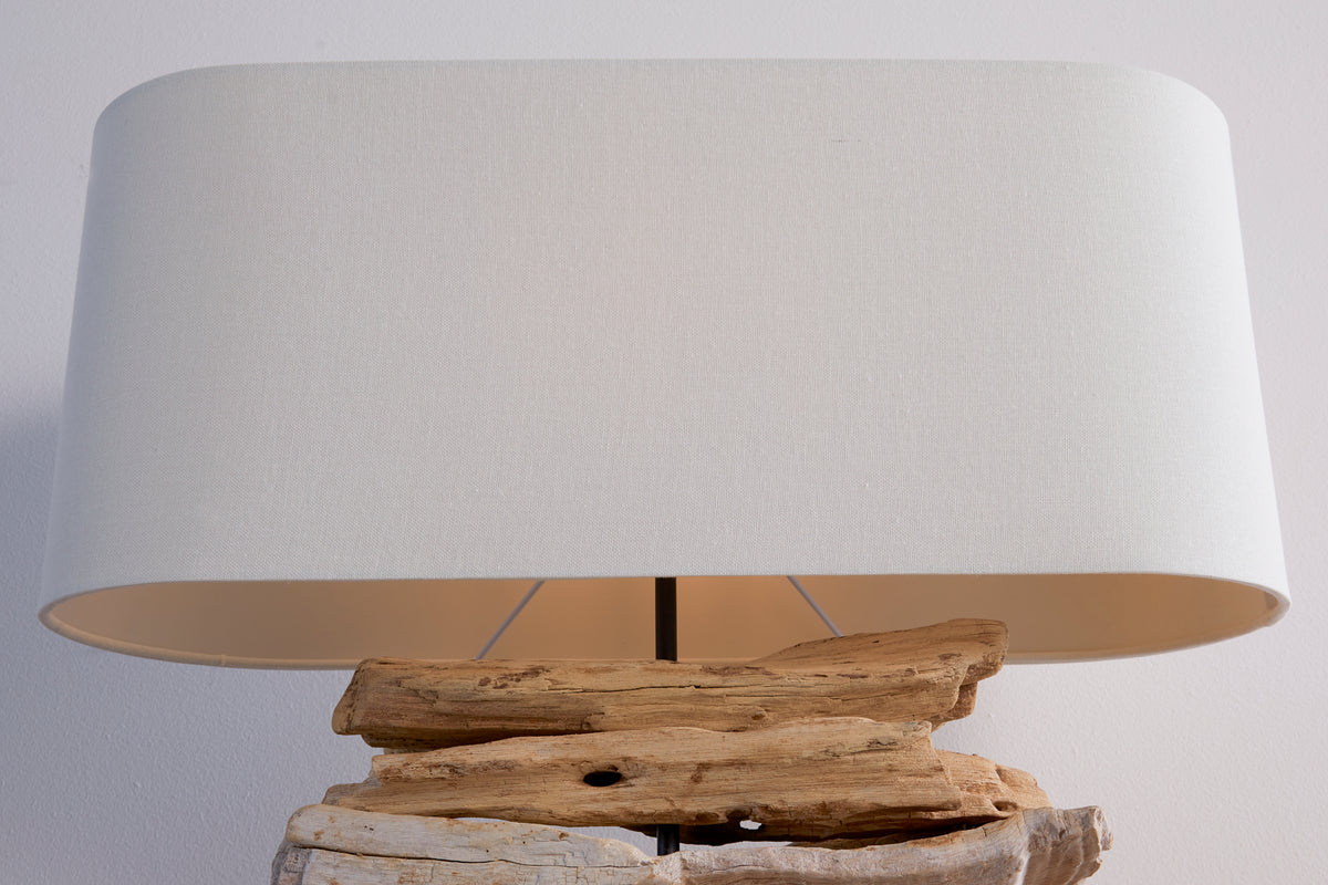 RIVERINE Handcrafted driftwood lamp 55cm cream linen shade table lamp
