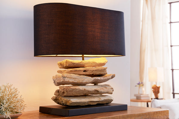 RIVERINE Handcrafted driftwood lamp 55cm black linen shade table lamp