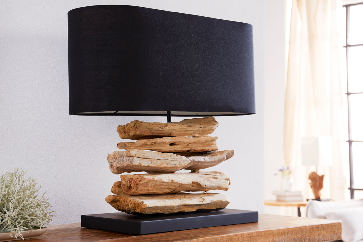 RIVERINE Handcrafted driftwood lamp 55cm black linen shade table lamp