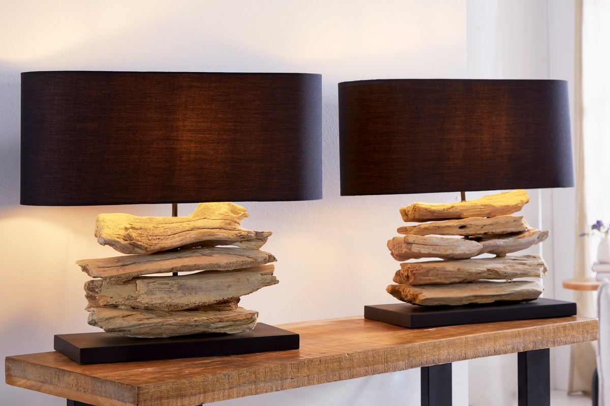 RIVERINE Handcrafted driftwood lamp 55cm black linen shade table lamp