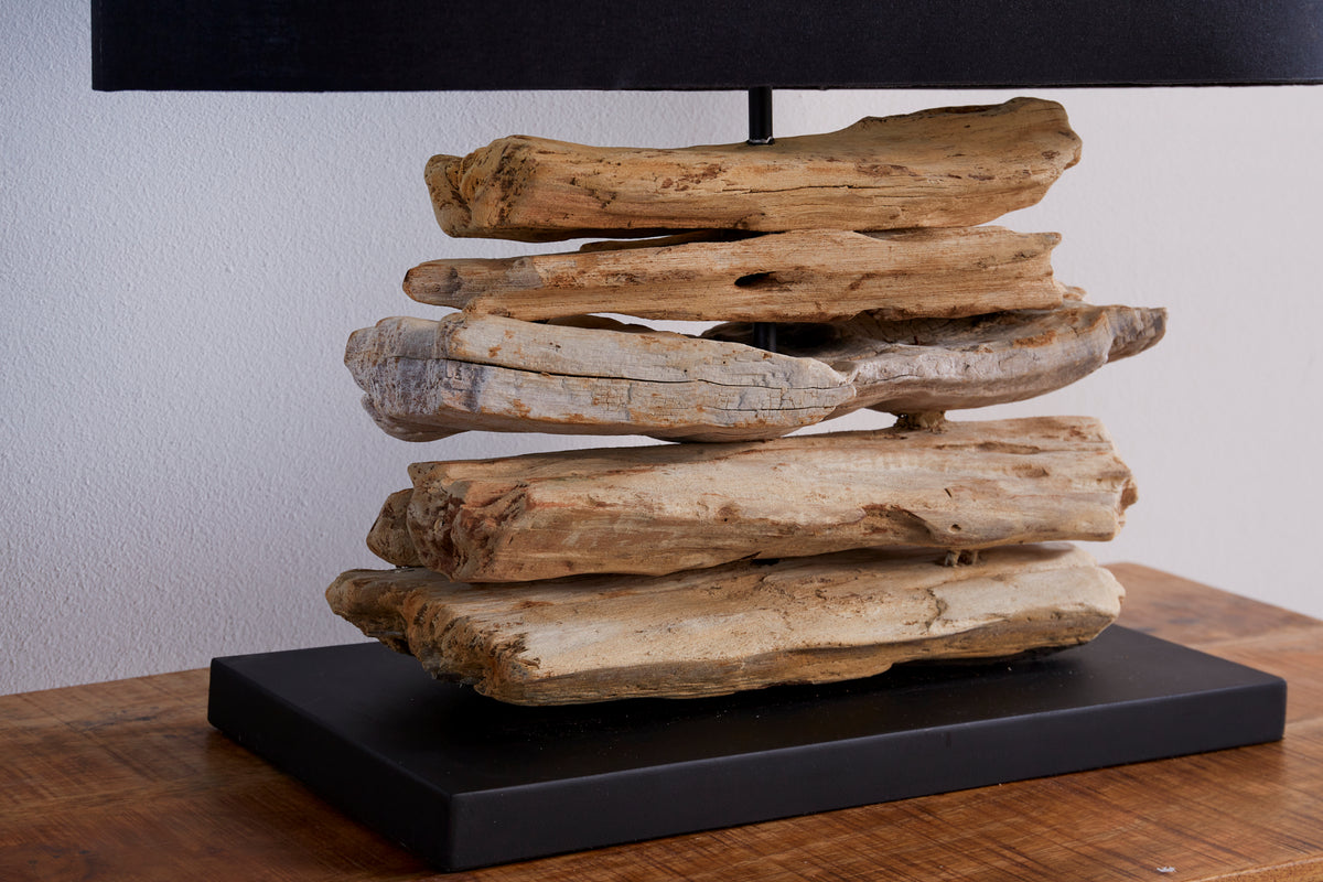 RIVERINE Handcrafted driftwood lamp 55cm black linen shade table lamp