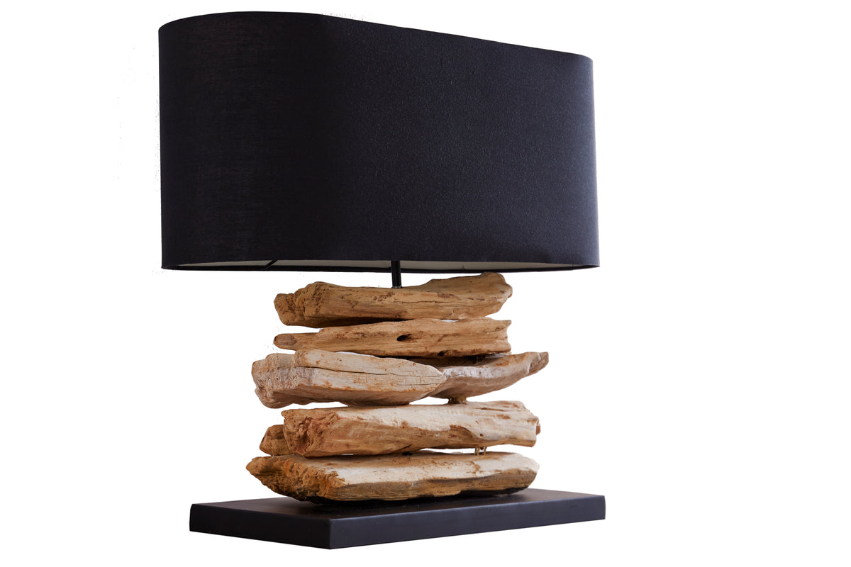 RIVERINE Handcrafted driftwood lamp 55cm black linen shade table lamp
