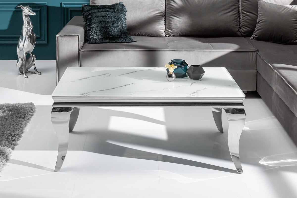 MODERN BAROCK Eleganter Couchtisch 100cm Glasplatte in Marmoroptik Edelstahlbeine