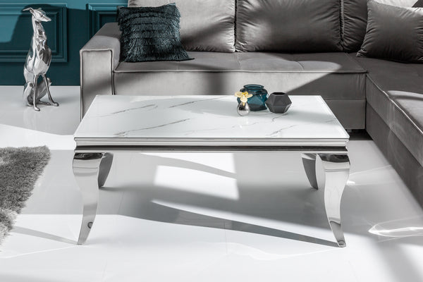 MODERN BAROCK Eleganter Couchtisch 100cm Glasplatte in Marmoroptik Edelstahlbeine