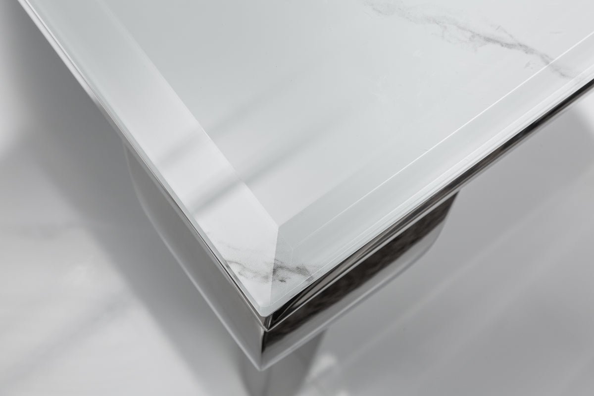 MODERN BAROCK Eleganter Couchtisch 100cm Glasplatte in Marmoroptik Edelstahlbeine