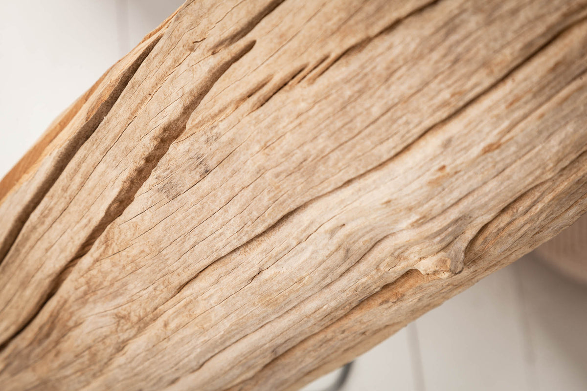 Handmade Stehlampe ROUSILIQUE 180cm schwarz Treibholzlampe Leinenschirm Baumstamm