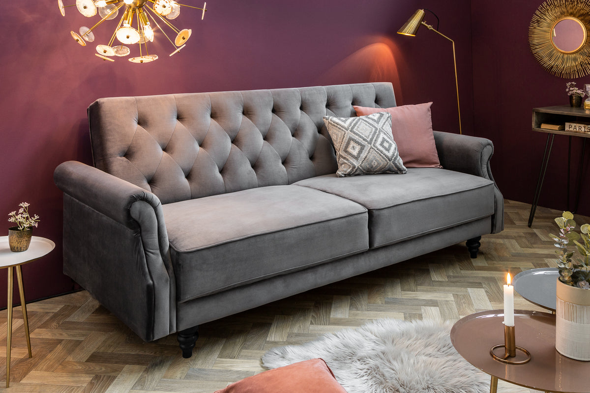 MAISON BELLE AFFAIRE Chesterfield 3er Sofa 220cm grau Samt 3-Sitzer mit Schlaffunktion