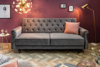 MAISON BELLE AFFAIRE Chesterfield 3er Sofa 220cm grau Samt 3-Sitzer mit Schlaffunktion
