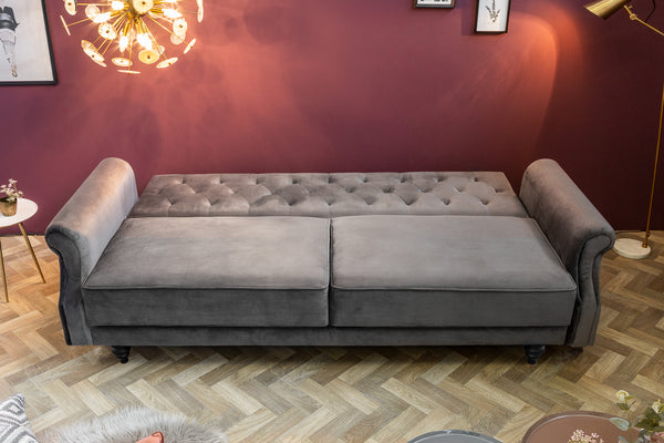 MAISON BELLE AFFAIRE Chesterfield 3er Sofa 220cm grau Samt 3-Sitzer mit Schlaffunktion