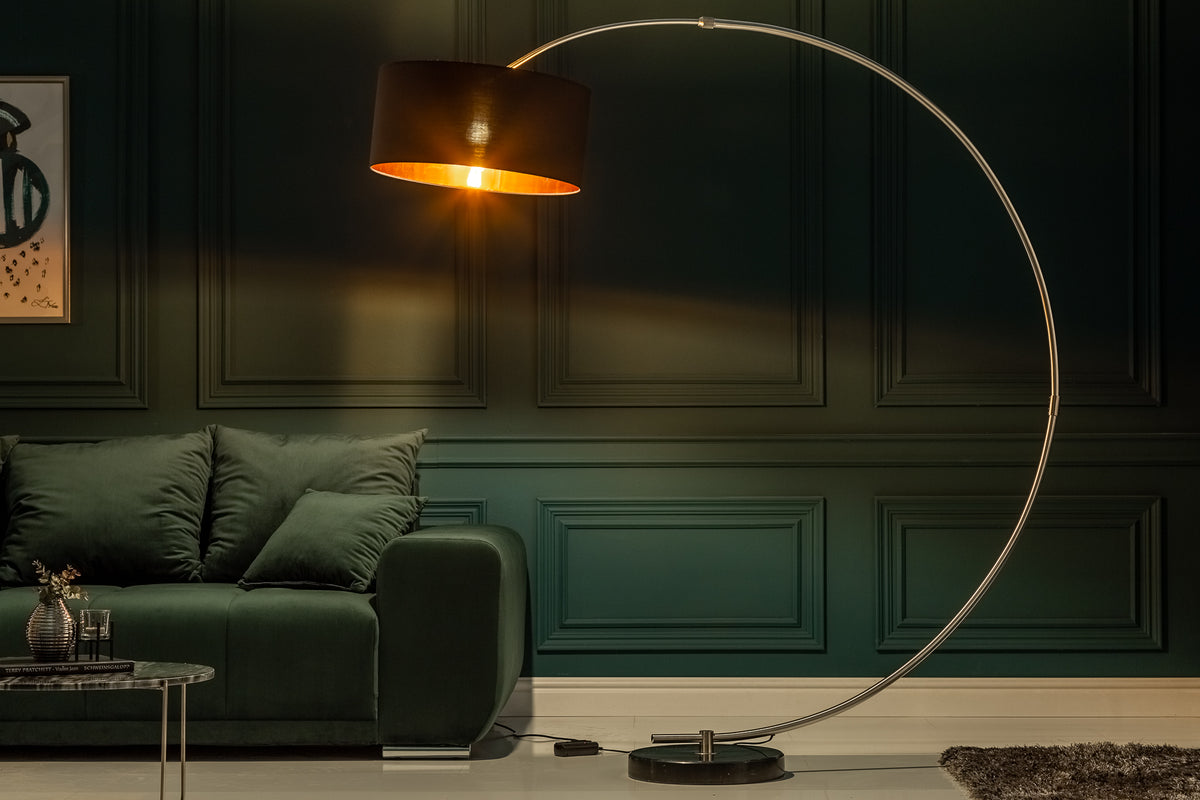Dimmbare Bogenlampe PYTHON 190cm schwarz gold Retro Bogenleuchte
