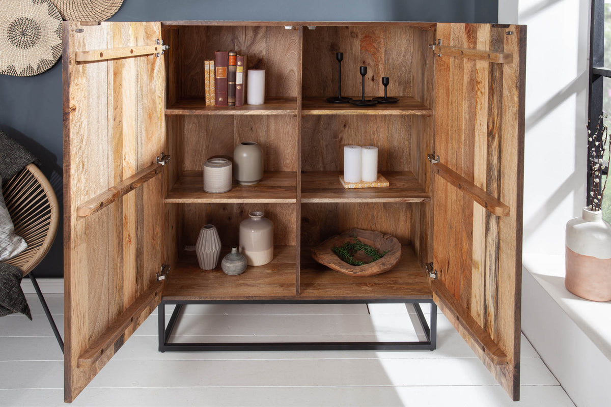 ILLUSION Massives Highboard 120cm Mangoholz Retro Design mit aufwändiger Front