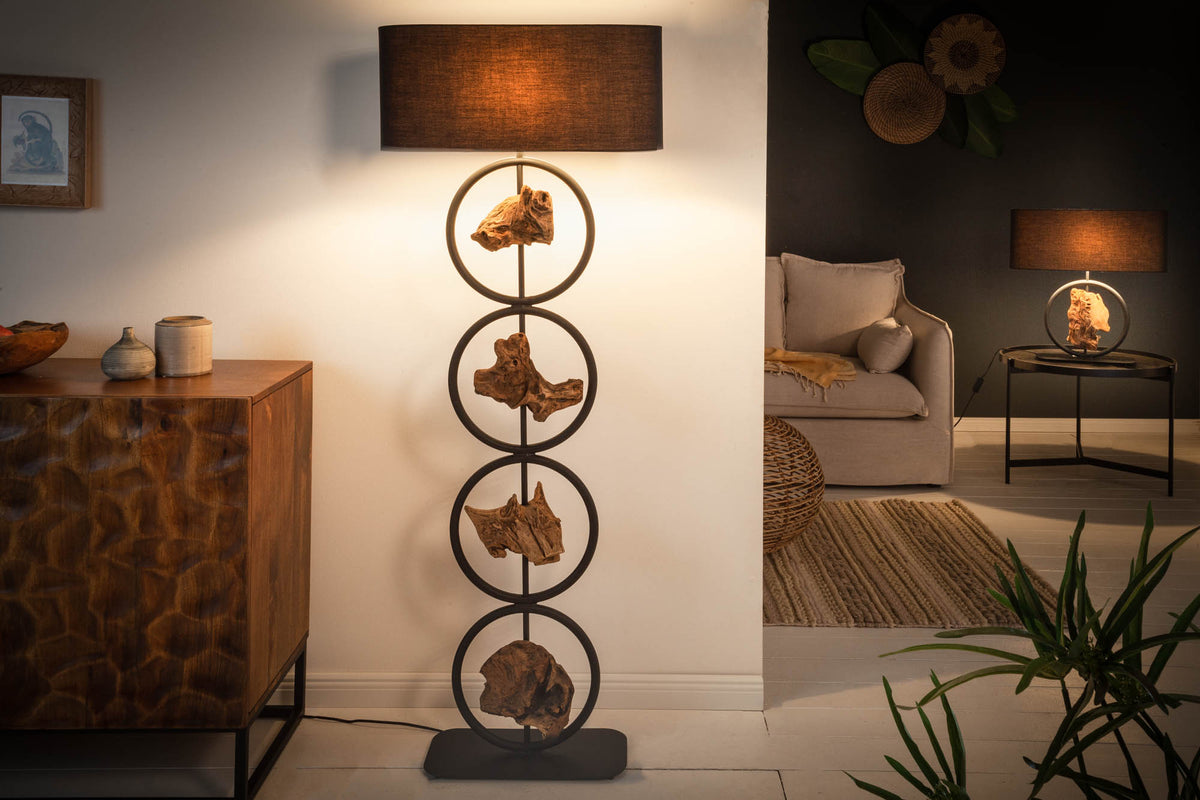 ELEMENTS Design Stehlampe 147cm schwarz Baumwollschirm Fuß mit Massivholz