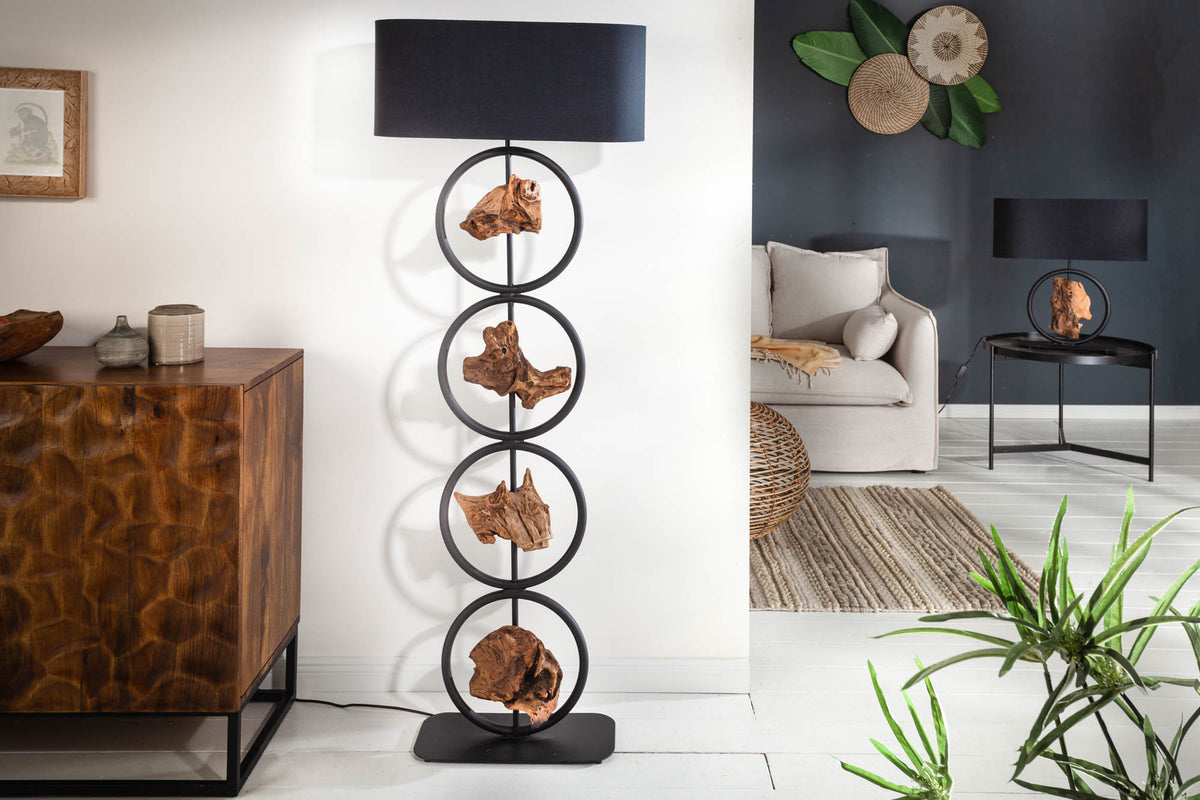 ELEMENTS Design Stehlampe 147cm schwarz Baumwollschirm Fuß mit Massivholz