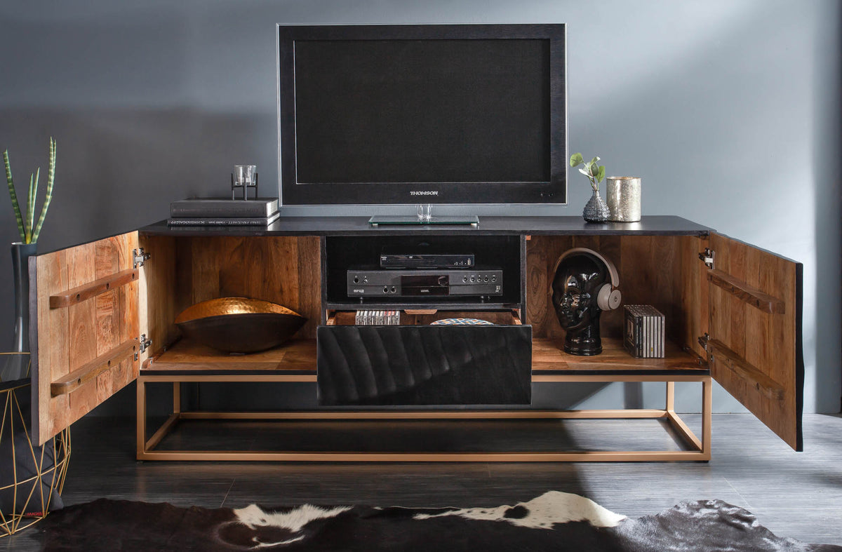 SCORPION Solid TV lowboard 160cm black mango wood elaborate 3D carvings