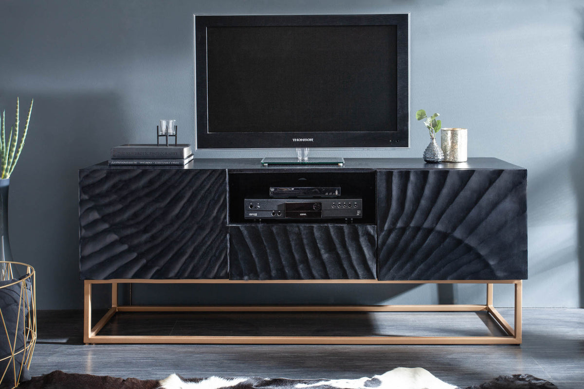 SCORPION Solid TV lowboard 160cm black mango wood elaborate 3D carvings