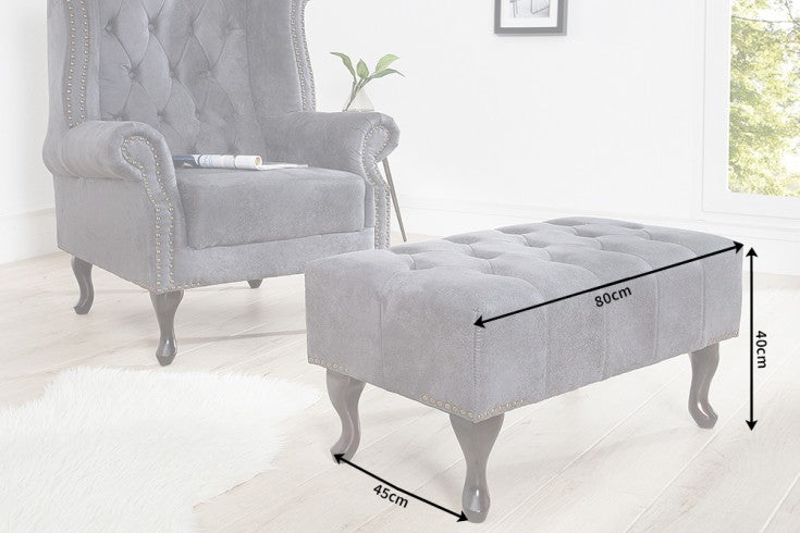 Fußhocker Edler Chesterfield antik grau mit Knopfheftung und Nietenbesatz