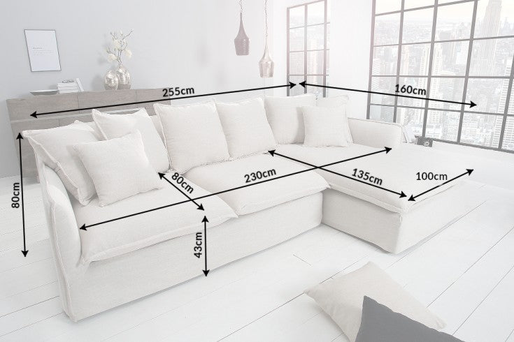 HEAVEN Großes Ecksofa 255cm grau Leinenstoff inkl. Kissen Landhausstil