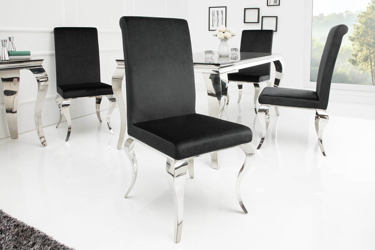 Eleganter Stuhl MODERN BAROCK schwarz Samt Stuhlbeine aus Edelstahl