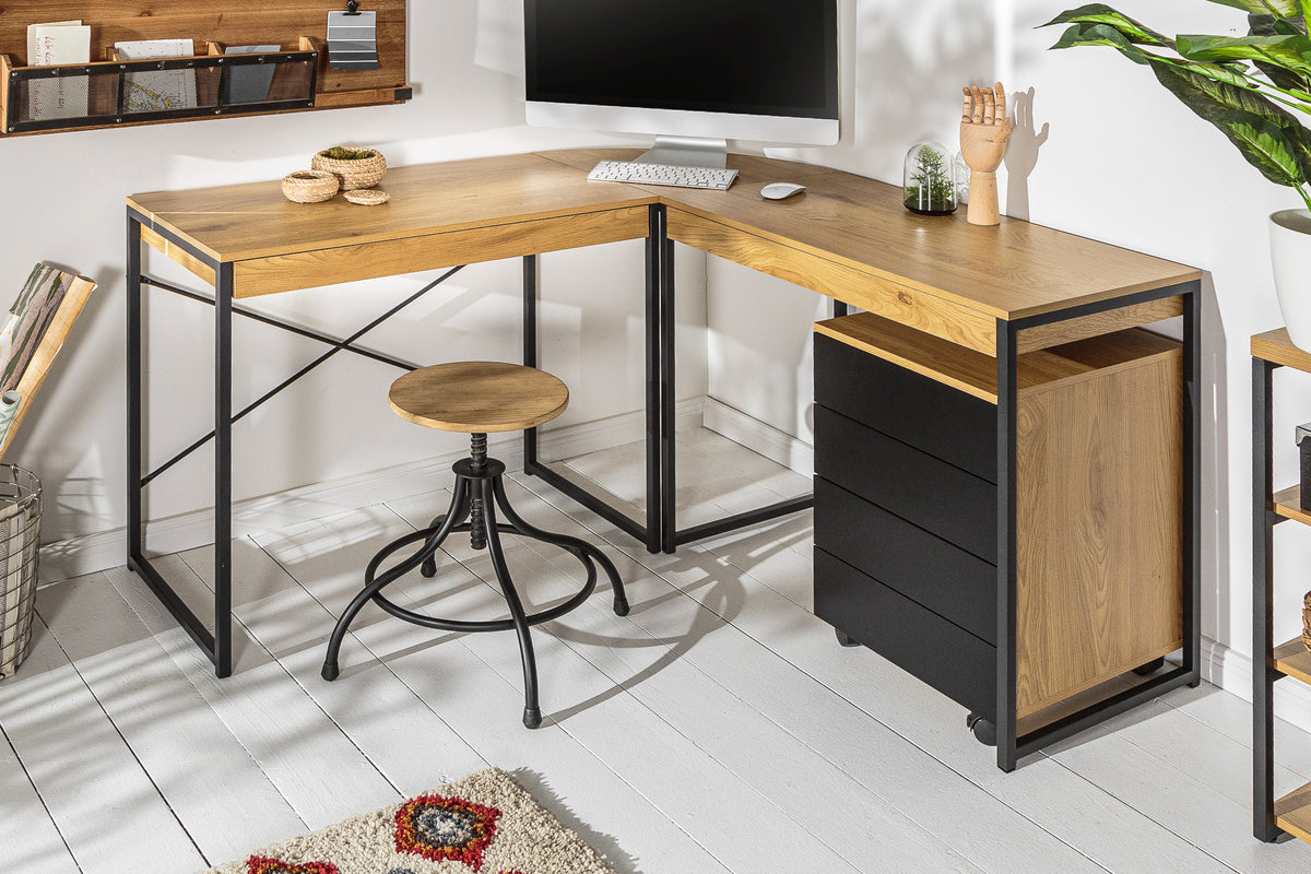 STUDIO Industrial corner desk 130cm oak look with drawers