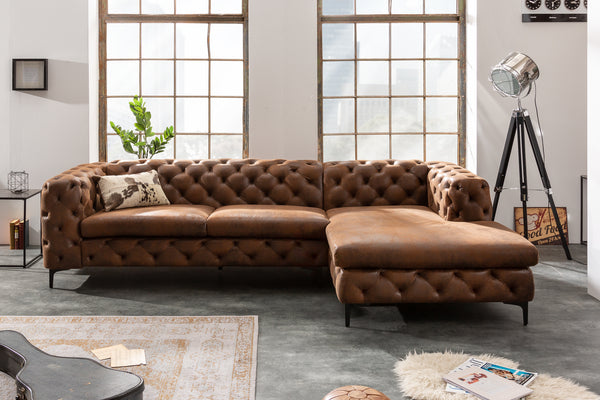 MODERN BAROQUE Chesterfield corner sofa 275cm antique brown 3-seater