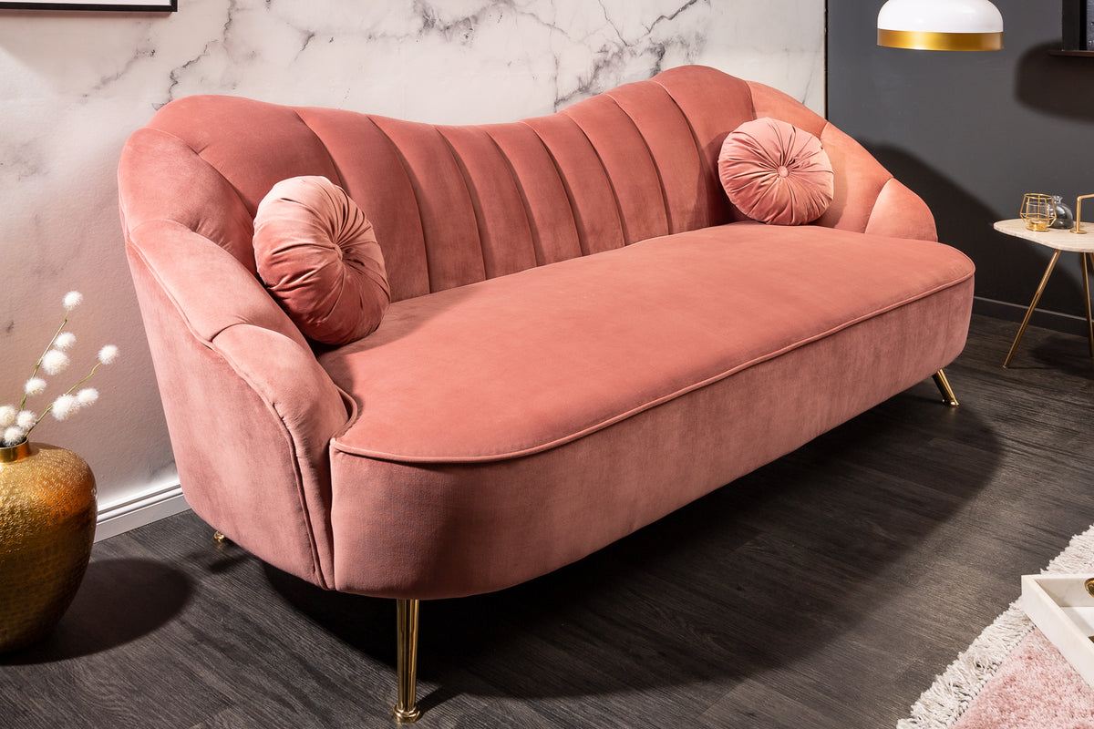 Retro 3-Sitzer Sofa ARIELLE 220cm Samt goldene Metallfüße Ziersteppung
