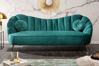 Retro 3-Sitzer Sofa ARIELLE 220cm Samt goldene Metallfüße Ziersteppung