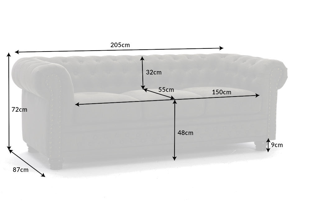 Chesterfield 3er Sofa 205cm vintage 3-Sitzer mit Knopfheftung und Federkern