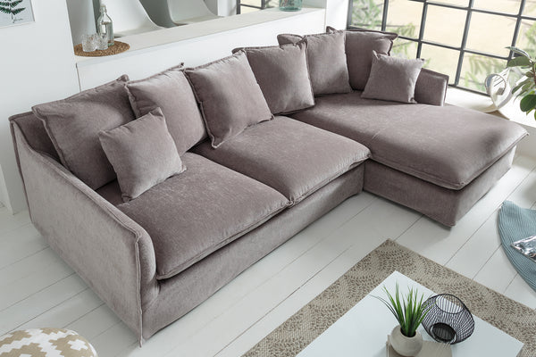 HEAVEN Großes Ecksofa 255cm taupe Samt inkl. Kissen Landhausstil