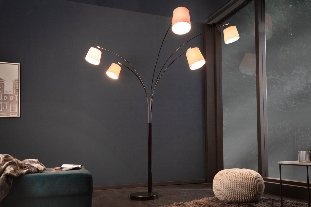 LEVELS Design Bogenlampe 205cm weiß beige braun 5 Leinenschirme Stehlampe