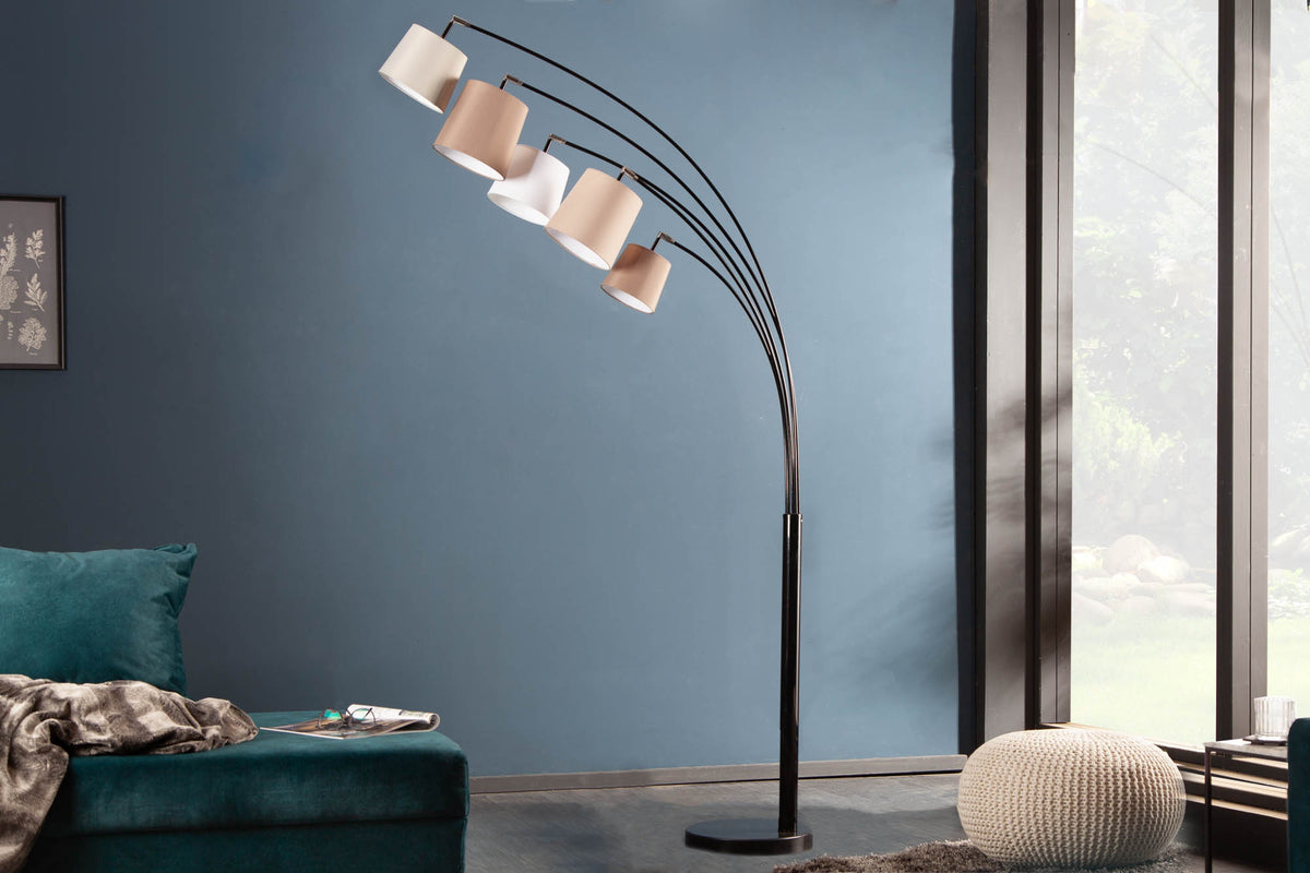 LEVELS Design Bogenlampe 205cm weiß beige braun 5 Leinenschirme Stehlampe