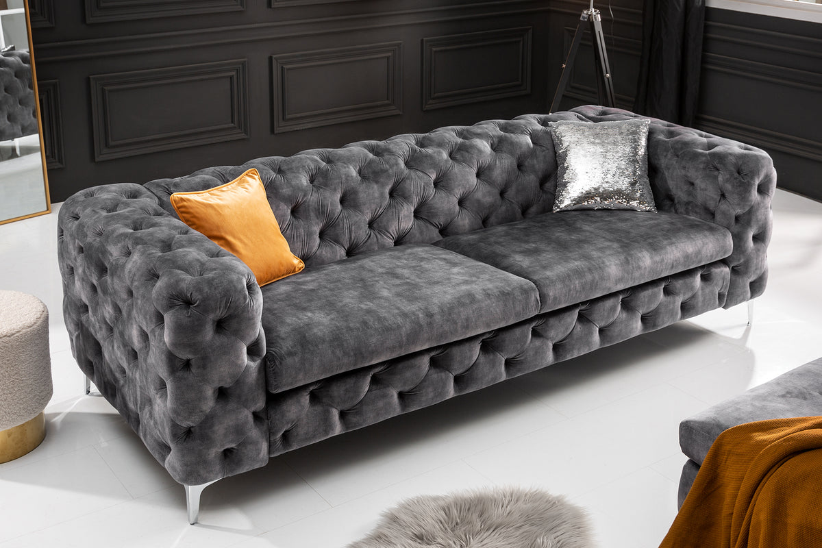 Chesterfield 3-Sitzer Sofa MODERN BAROCK 235cm dunkelgrau Samt Federkern silber Metallfüße