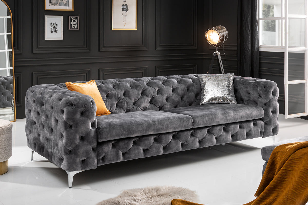 Chesterfield 3-Sitzer Sofa MODERN BAROCK 235cm dunkelgrau Samt Federkern silber Metallfüße