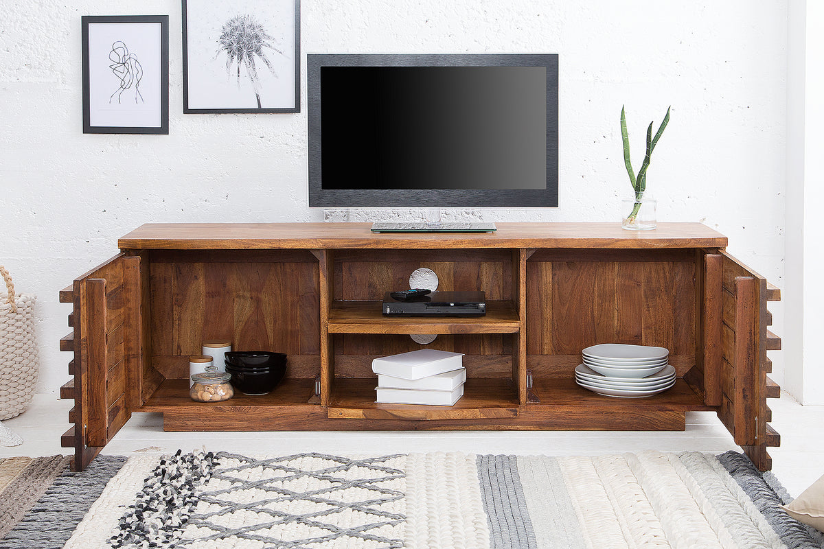 RELIEF Solid TV lowboard 150cm Sheesham wood with elaborate front