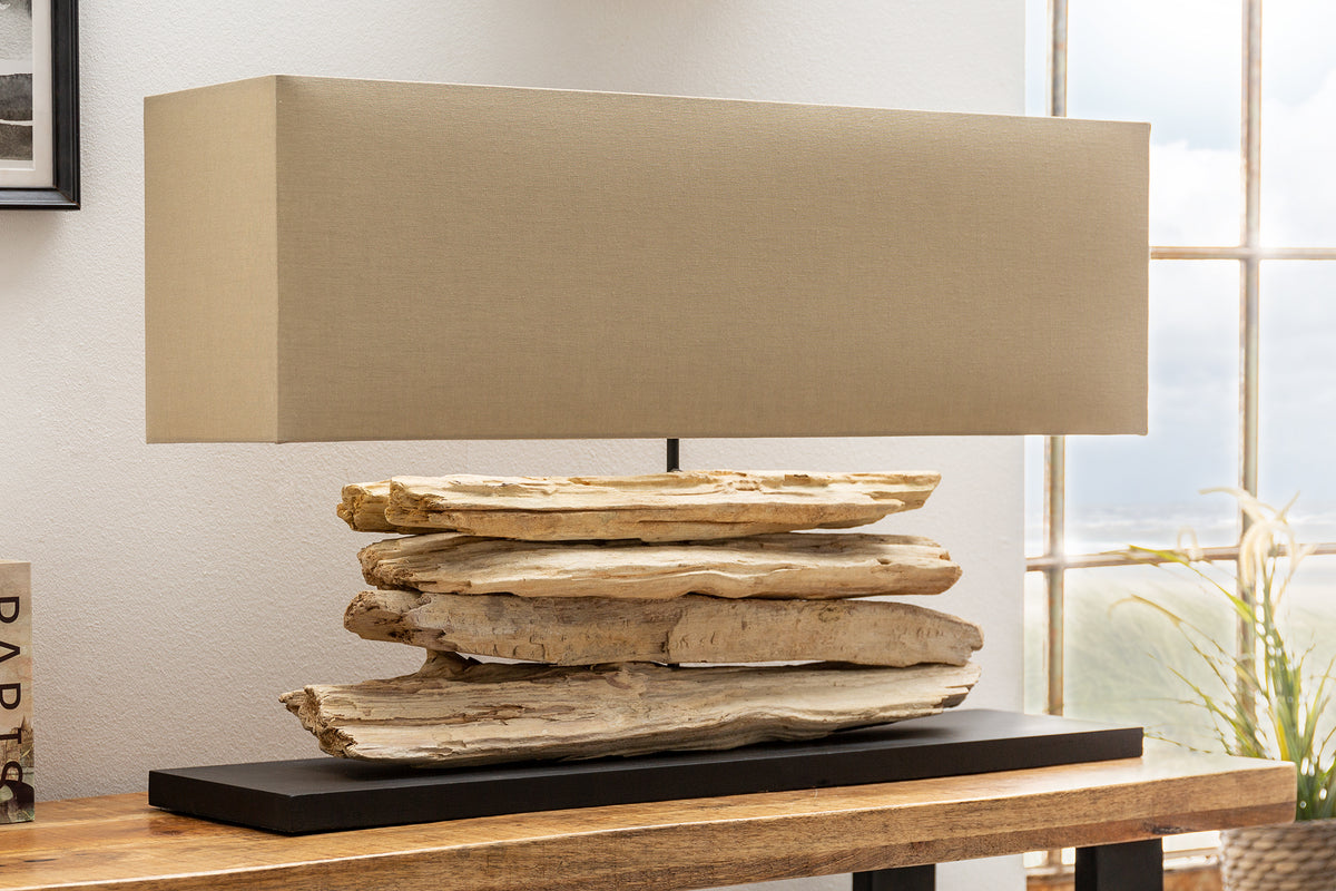 RIVERINE Handcrafted table lamp 80cm beige driftwood base with linen shade