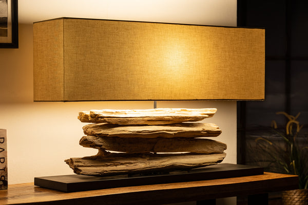 RIVERINE Handcrafted table lamp 80cm beige driftwood base with linen shade