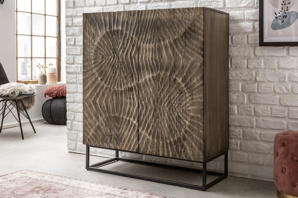 SCORPION Solid highboard 120cm gray acacia elaborate 3D carvings